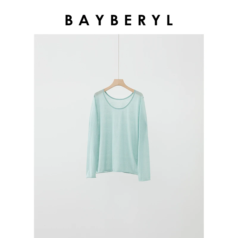 BAYBERYL老贝薄荷曼波*卷边圆领夏百搭透气针织衫ZZS4D1803