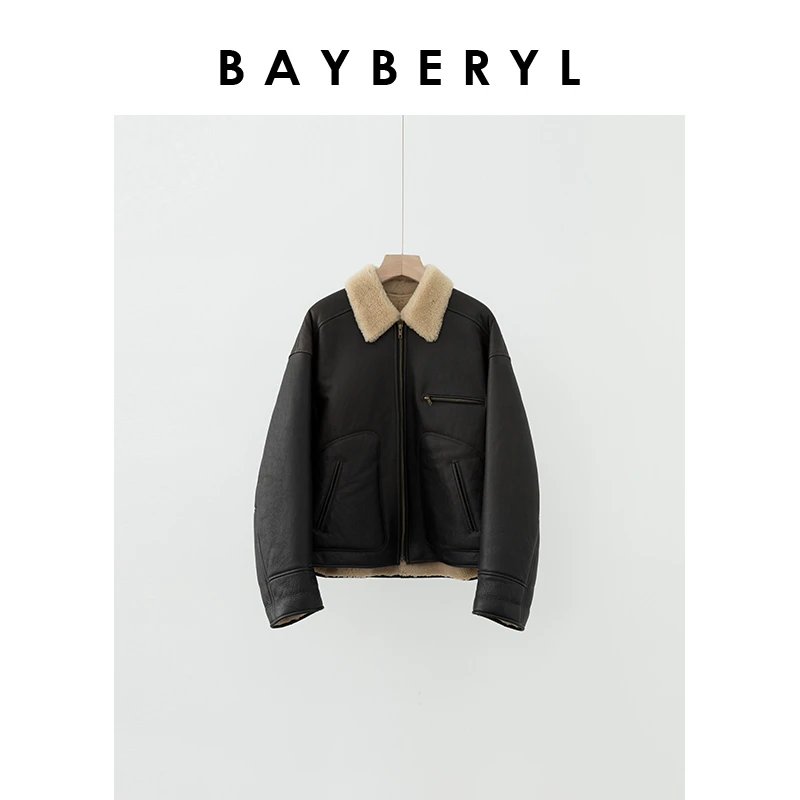 停售-BAYBERYL老贝城市猎人*毛领复古机车休闲冬一体皮衣PY4K3056