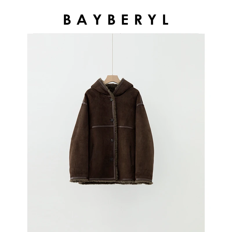 BAYBERYL老贝游牧*微卷颗粒连帽一体保暖皮衣PY4J2421