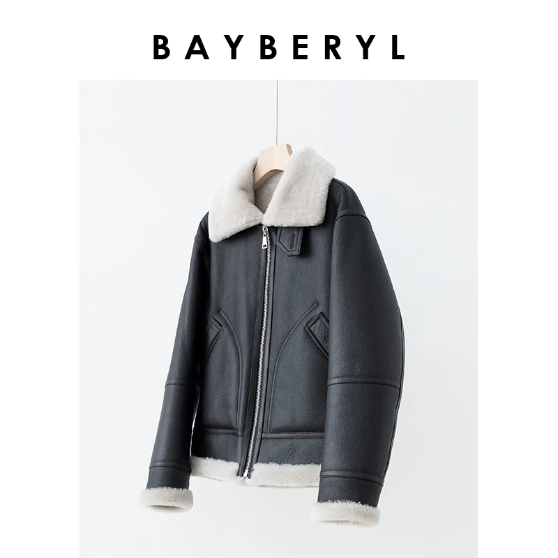 BAYBERY老贝飞行员灰毛黑翻领皮衣一体外套PY3K1302 -11/25