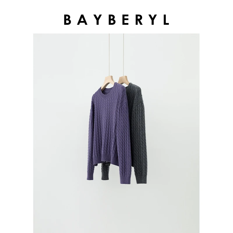 停售-BAYBERYL老贝尤莱特*灰紫绞花缪复古圆领秋针织衫ZZS4F2104