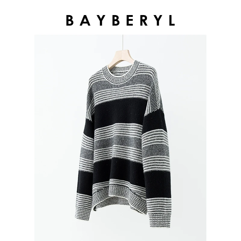 10/14 BAYBERYL老贝五线谱*圆领条纹黑白拼色针织衫ZZS3I1906