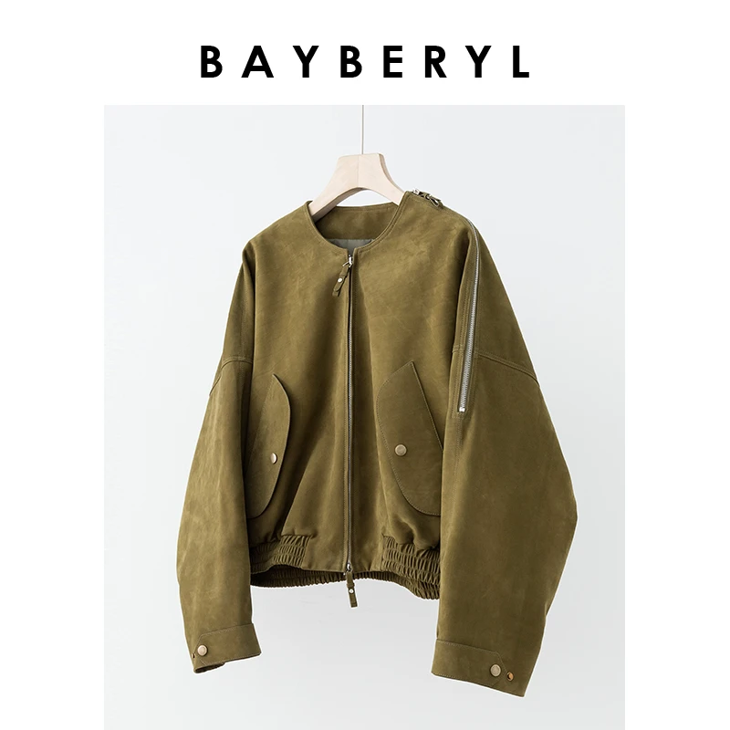 Z6-BAYBERYL老贝苔藓绿*拉链设计圆领廓形松紧24春皮衣PY3L0105