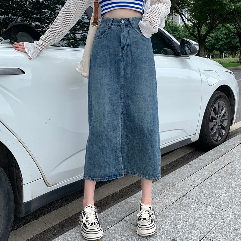 胖mm高腰显瘦春夏牛仔裙大码女装复古百搭显瘦半身裙开叉中长款