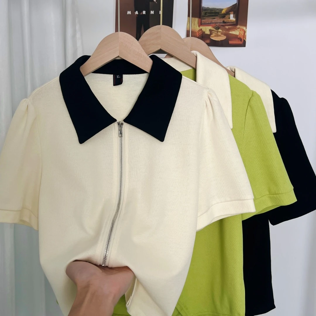 2023夏季新款大码女装双头拉链polo领女士上衣夏季设计感 14177