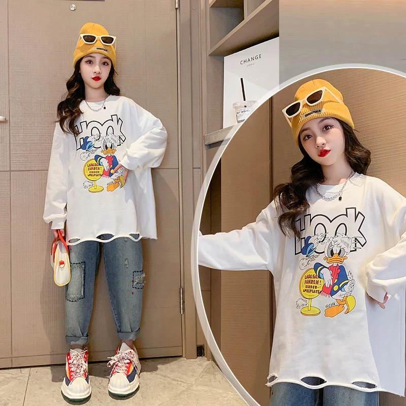 女大童白色长袖T恤儿童韩版圆领洋气上衣2023春季新款中大童潮牌