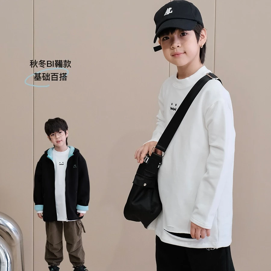 男童t恤2022秋冬装新款中大童半高领打底衫加厚宝宝加绒儿童上衣