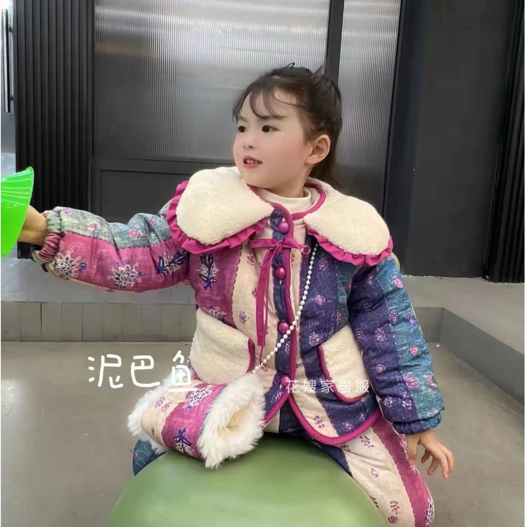 2223  花嫂睡衣冬季小童碎花新款可外穿三层加厚加厚家居服套装