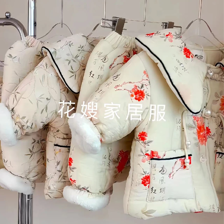 8826  儿童中国风文韵风可外穿三层夹棉加厚家居服套装