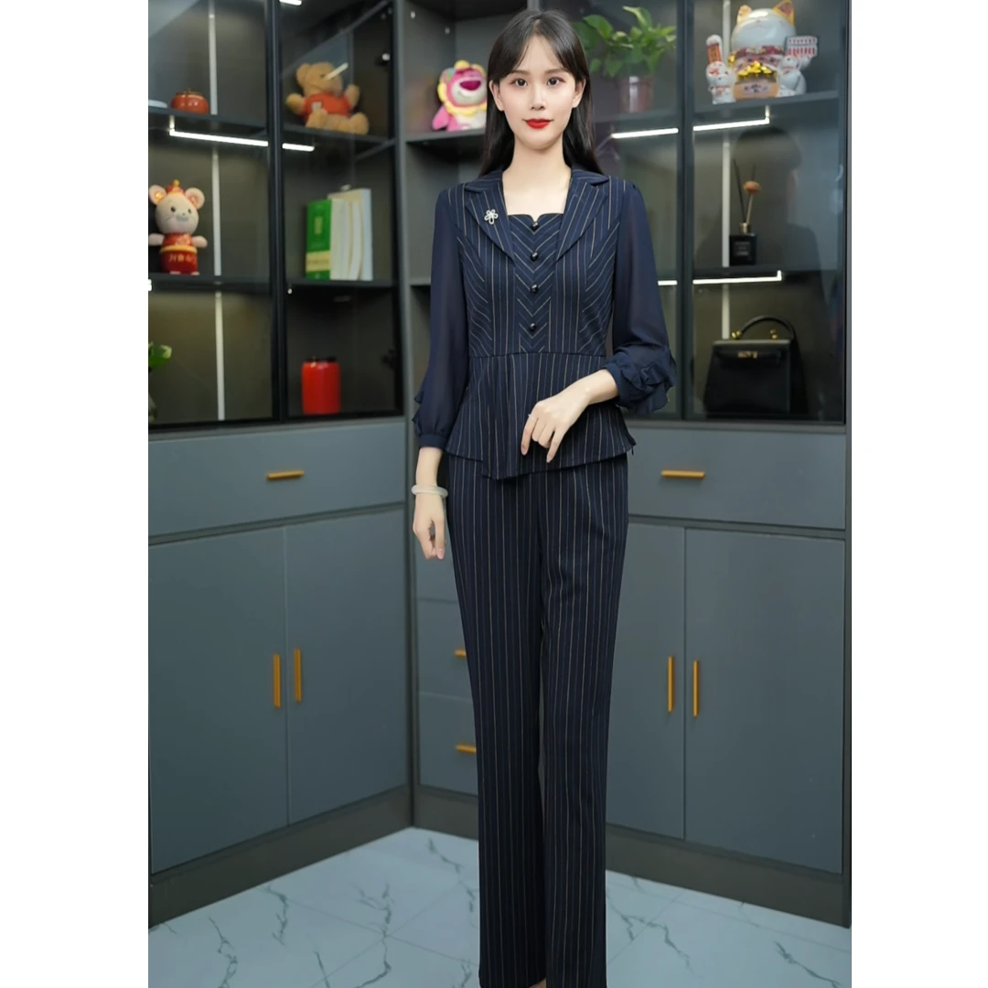 8801【上衣+裤子】条纹气质显瘦时尚套装洋气减龄休闲收腰真两件套