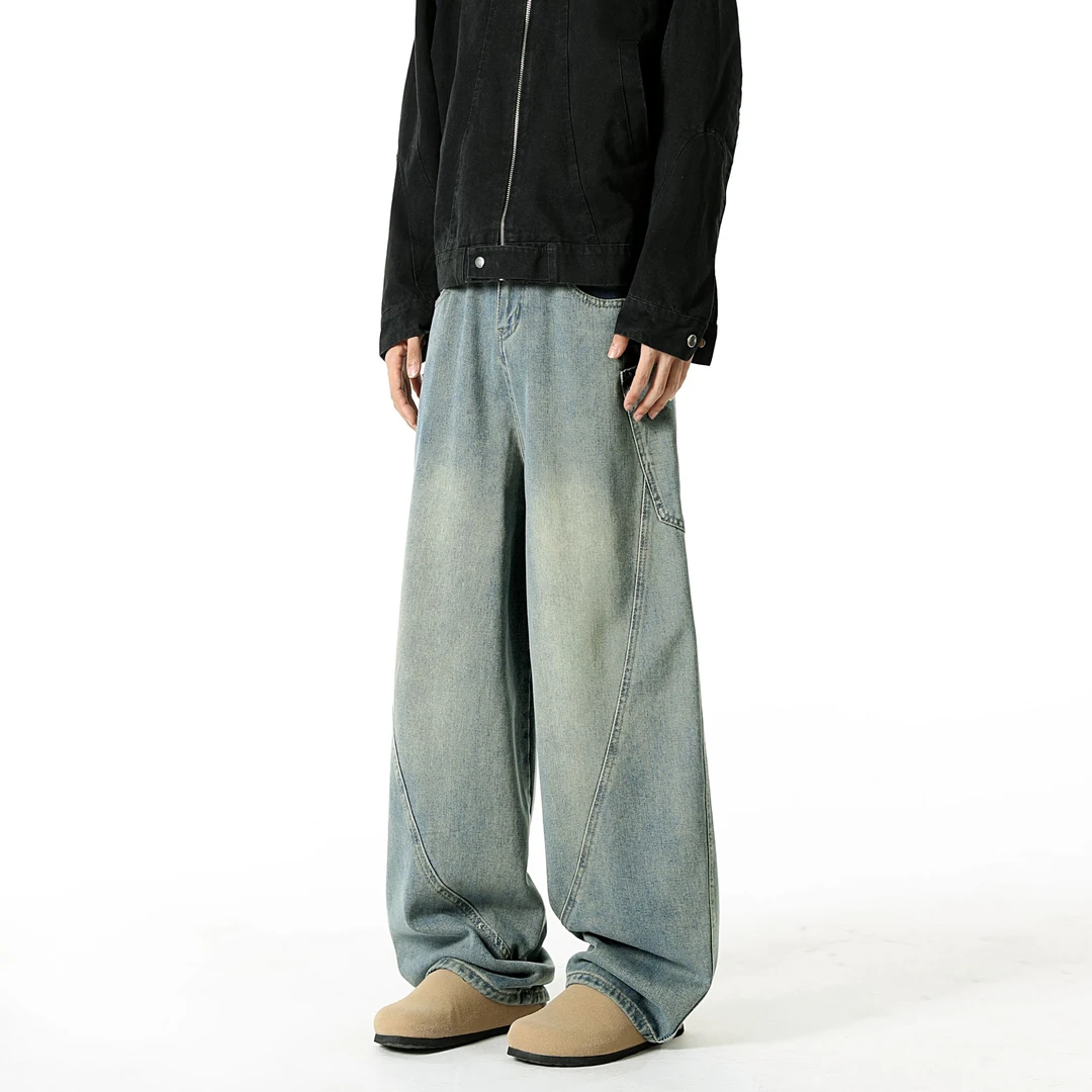 美式爆款牛仔裤复古百搭宽松直筒水洗潮流做旧弯刀休闲牛仔裤男生