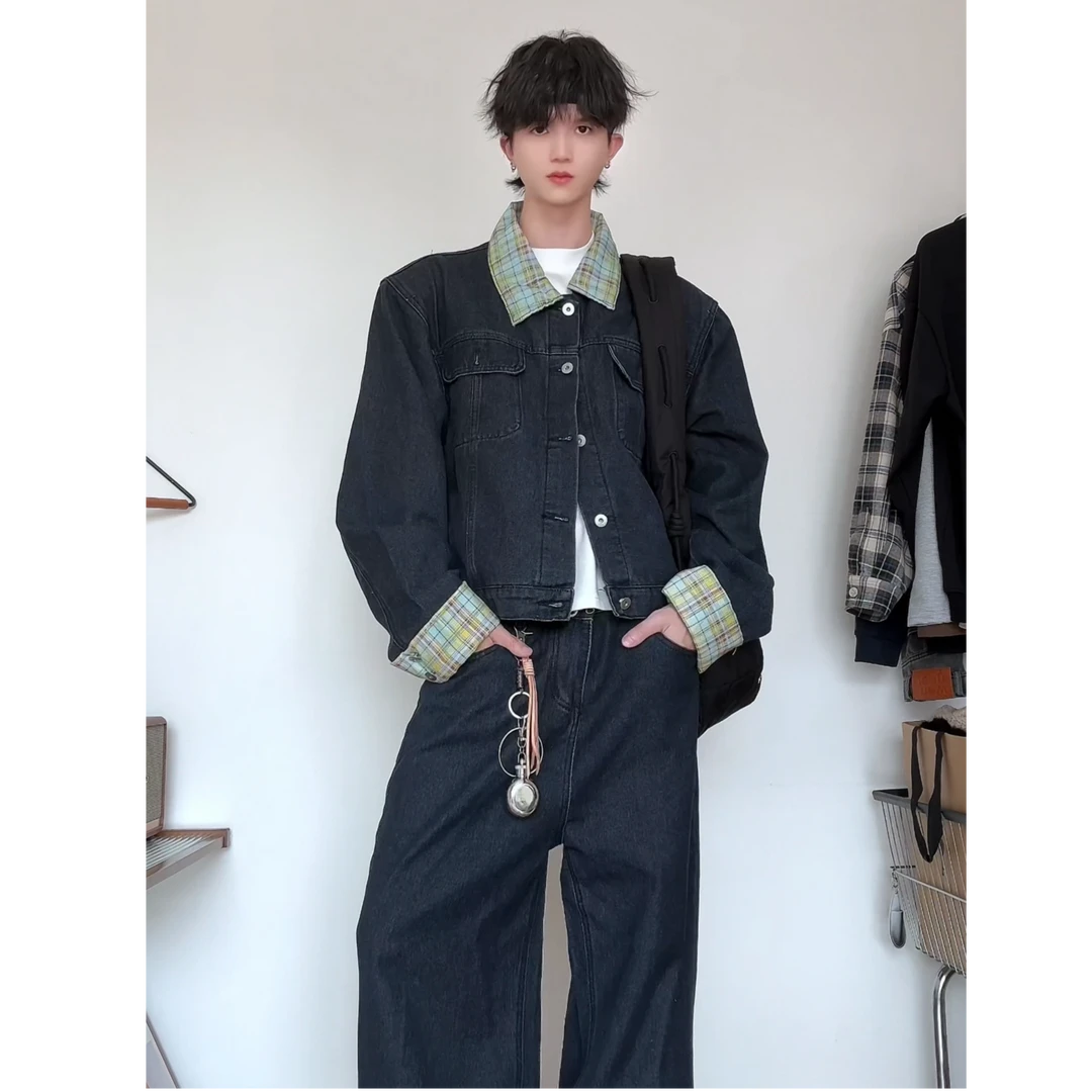 春秋美式牛仔夹克套装男女宽松复古休闲帅气潮流拖地裤翻领外套