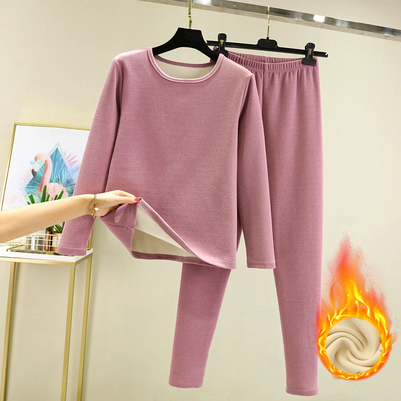 德绒发热保暖内衣套装女秋冬加绒加厚长袖打底衫打底裤内穿两件套