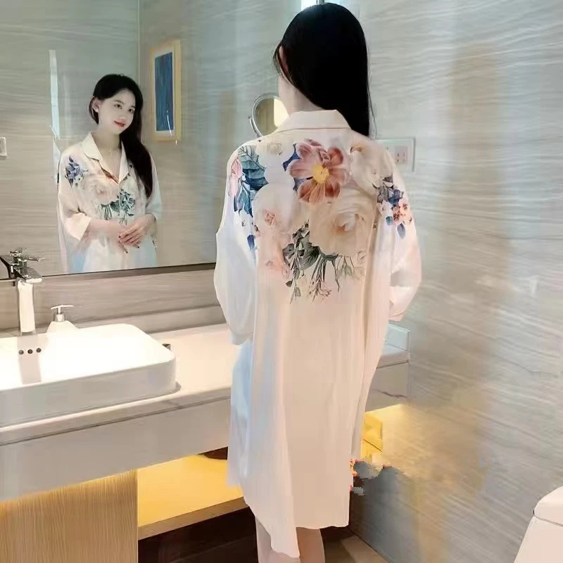 网红冰丝睡裙女士夏季短袖薄款衬衫裙高级感宽松甜美可外穿睡衣裙