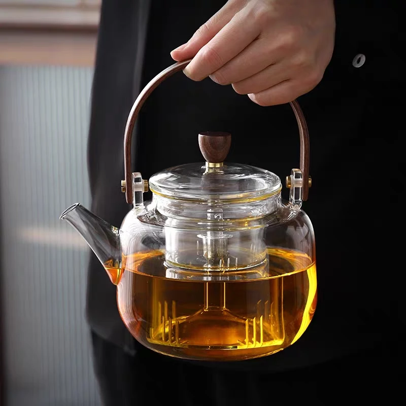 高硼硅耐热胡桃木提梁煮茶壶泡茶壶1000毫升