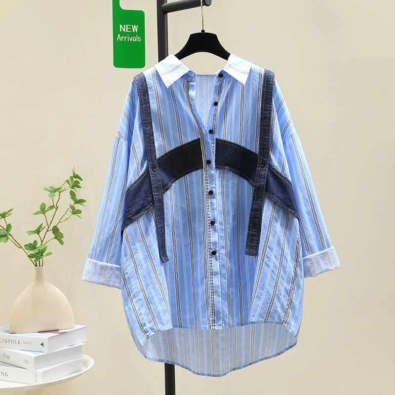 设计感牛仔拼接蓝色条纹衬衫女外套2025秋装新款空调罩衫衬衣上衣