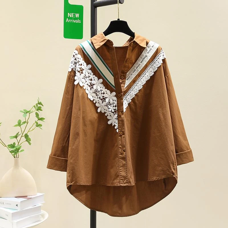 高级感蕾丝花边咖啡色衬衫女2025年早秋新款韩版宽松显瘦衬衣上衣