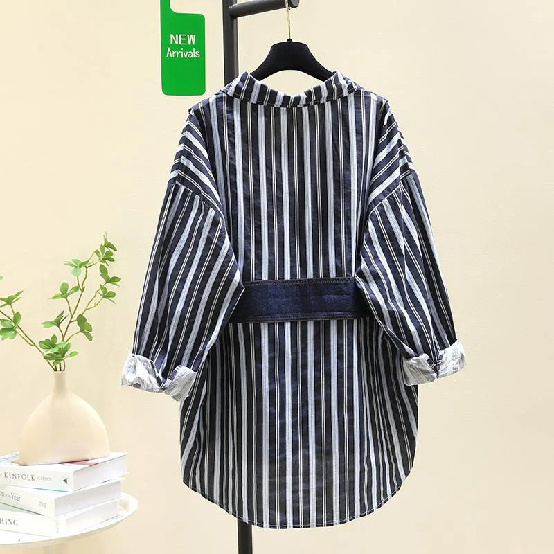 高级感中长款黑色条纹衬衫女外套2025年秋装新款宽松显瘦衬衣上衣