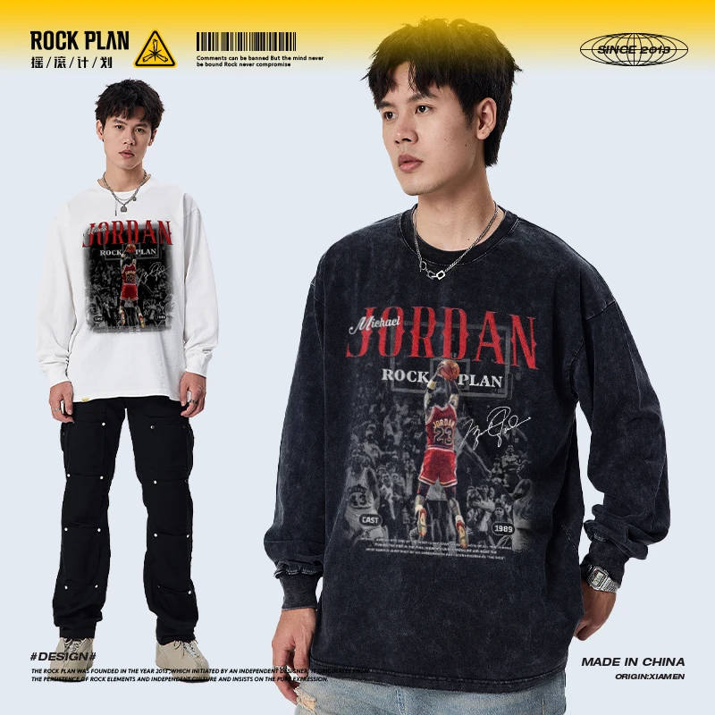 摇滚计划MJ跳投背影美式复古做旧水洗宽松男女同款圆领纯棉长袖