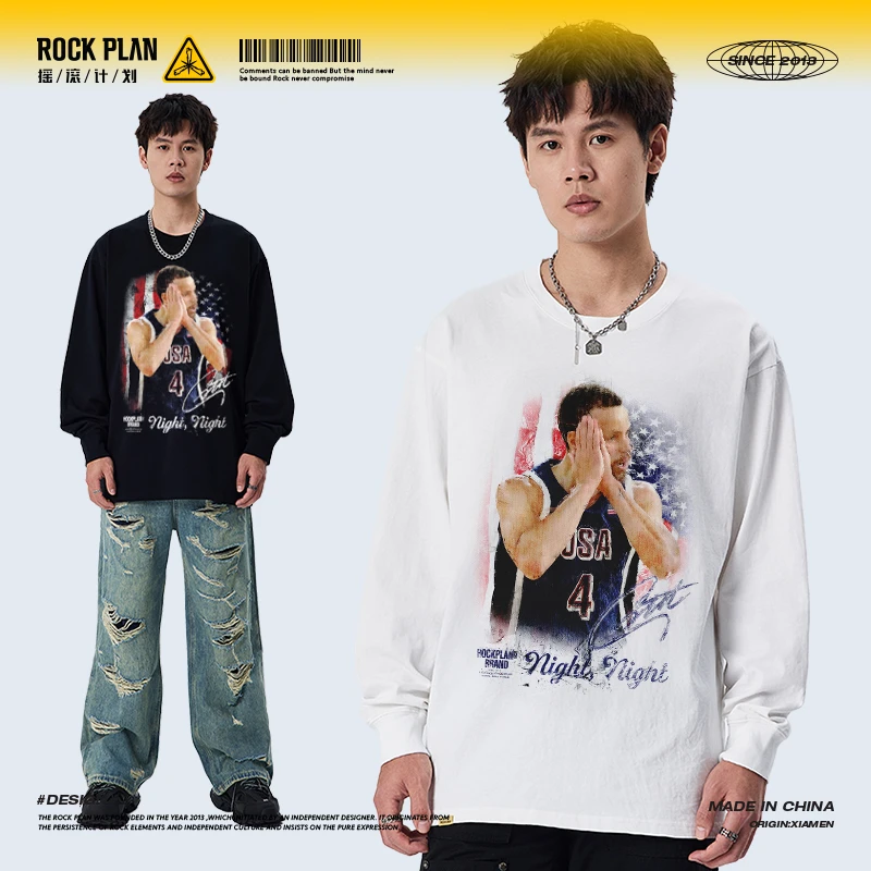 摇滚计划库里晚安水彩画美式复古水洗宽松男女同款圆领纯棉长袖