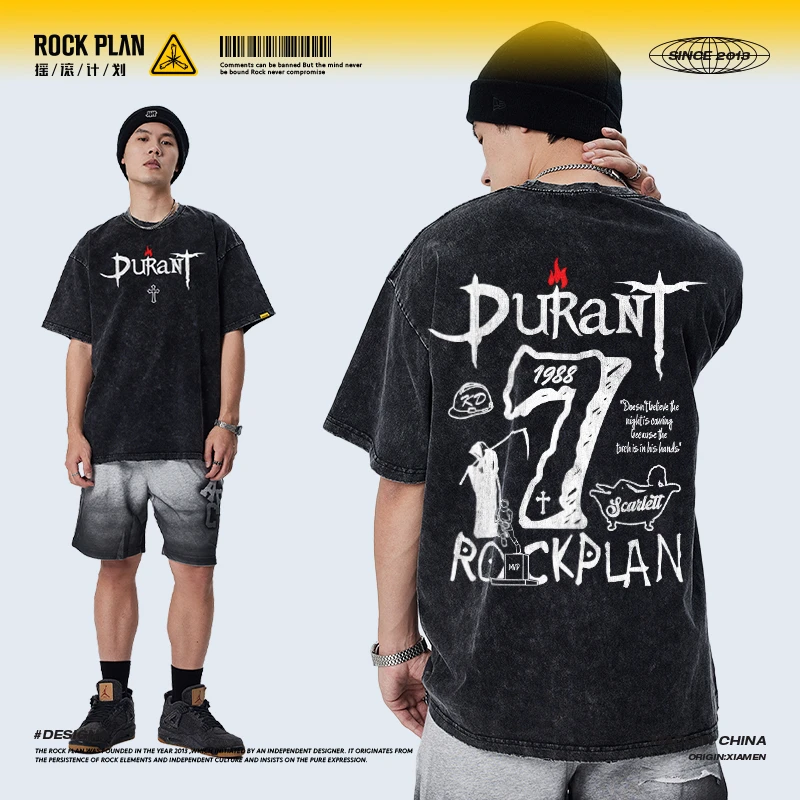 摇滚计划杜兰特涂鸦美式水洗宽松复古纯棉做旧运动男女同款短袖