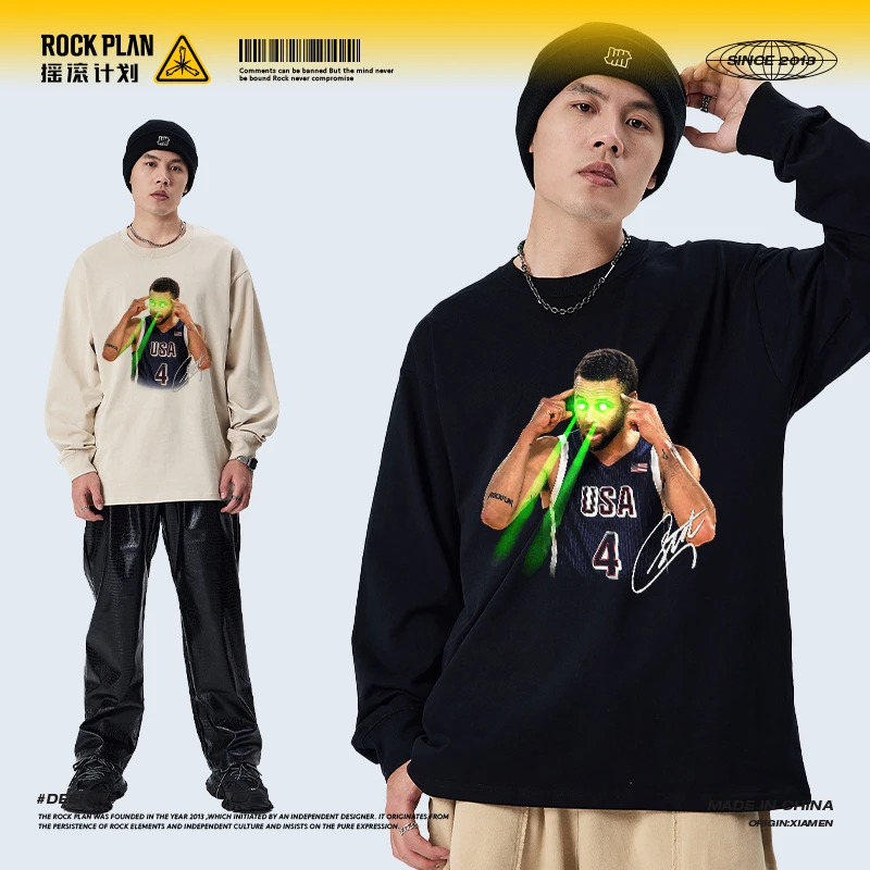 摇滚计划库里激光眼美式嘻哈复古做旧水洗男女同款圆领纯棉长袖