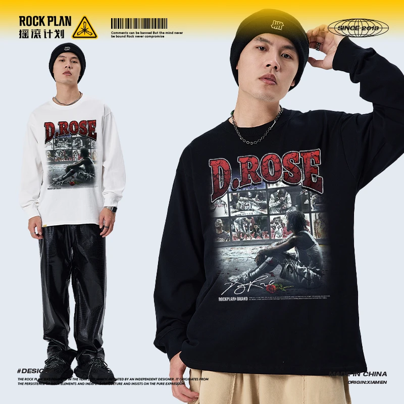 摇滚计划罗斯玫瑰退役美式嘻哈做旧复古水洗男女同款圆领纯棉长袖