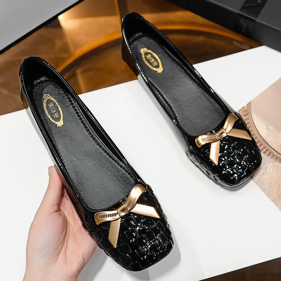 高能感方头大码浅口软底单鞋时尚百搭复古编织鞋平底舒适正版低跟