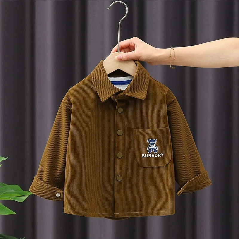 男童衬衫长袖春秋款上衣2024新款男宝宝儿童灯芯绒外套洋气衬衣潮
