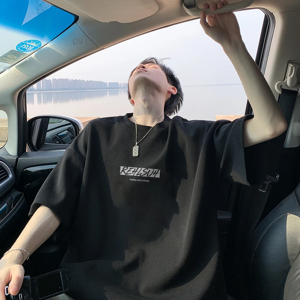 美式复古短袖t恤男夏季2024新款字母印花短袖青少年宽松圆领半袖