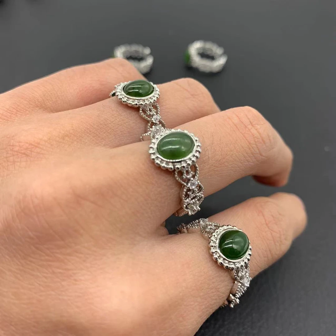 天然和田玉碧玉戒指绿色戒指时尚复古镶嵌开口戒指