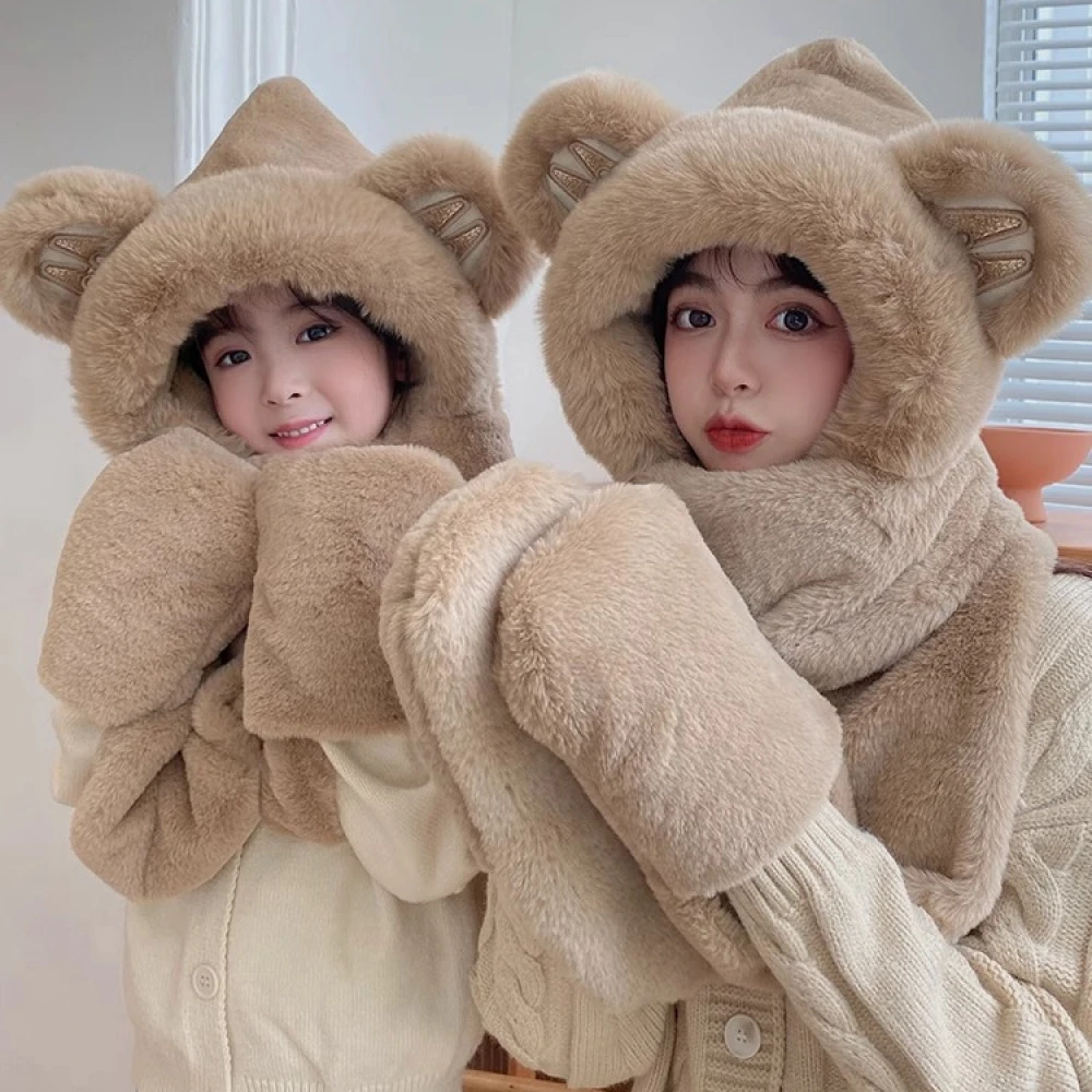 可爱小熊耳朵帽子亲子款冬季新款加厚保暖毛绒手套围巾一体三件套