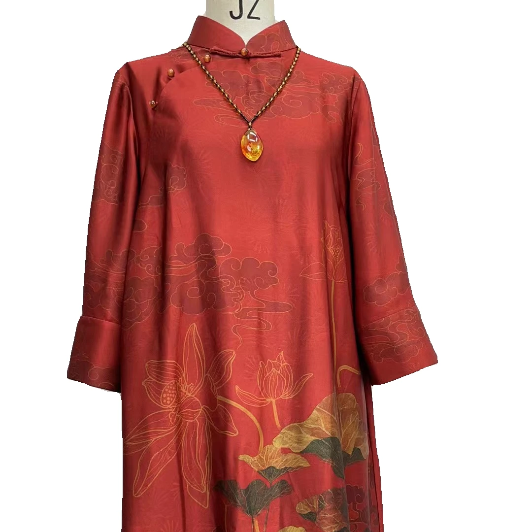 祥云荷花牡丹 喜妈妈喜婆婆连衣裙,旗袍改良款国风中式斜襟