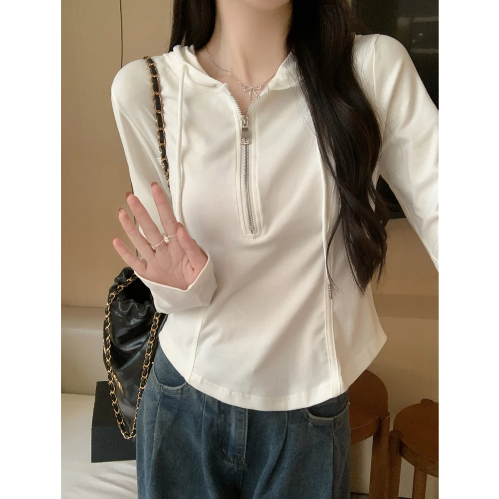 美式半拉链连帽卫衣女款秋季打底衫显瘦遮肚子设计感抽绳鱼骨上衣