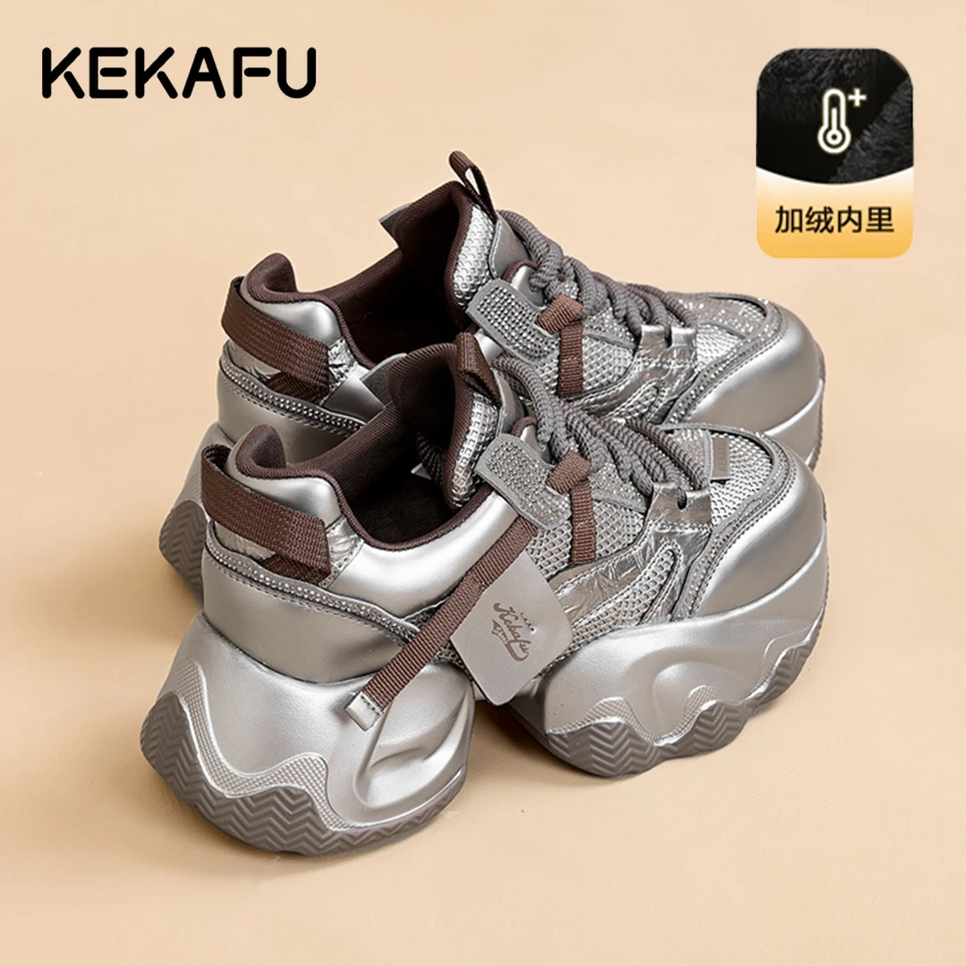 珂卡芙厚底老爹鞋女款冬季加绒2025新款系带小个子增高休闲运动鞋