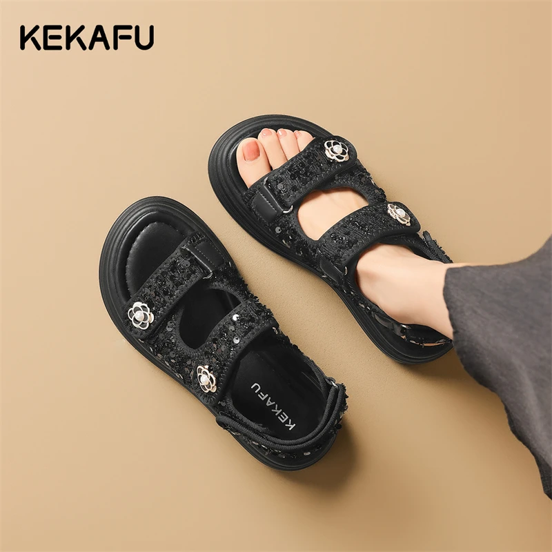 珂卡芙运动厚底凉鞋女2025新款夏季外穿软底魔术贴休闲沙滩罗马鞋