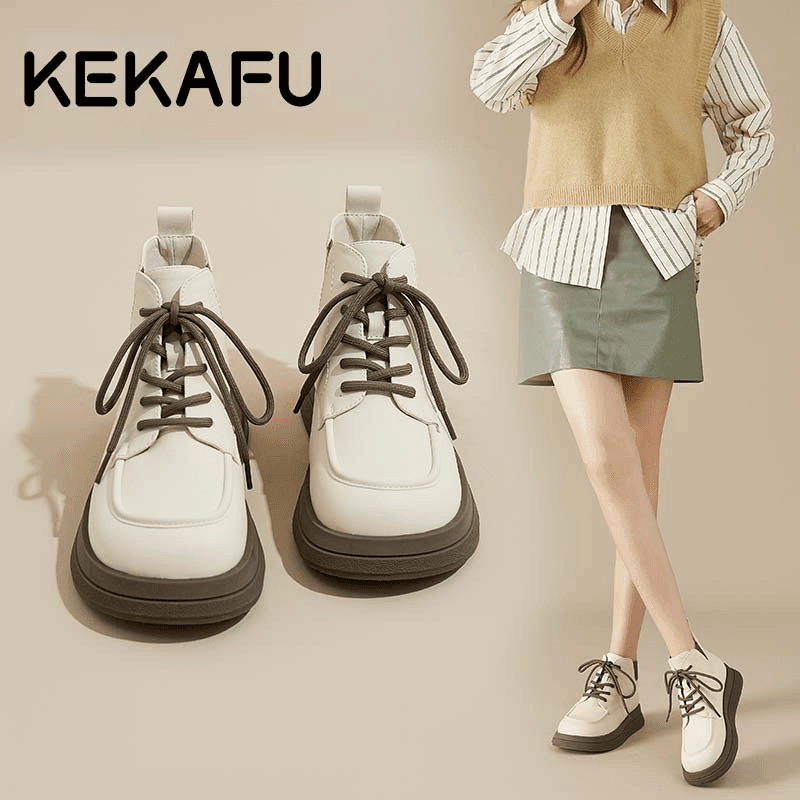 珂卡芙马丁靴女款2024新款秋冬英伦风白色短靴冬季加绒小个子女靴