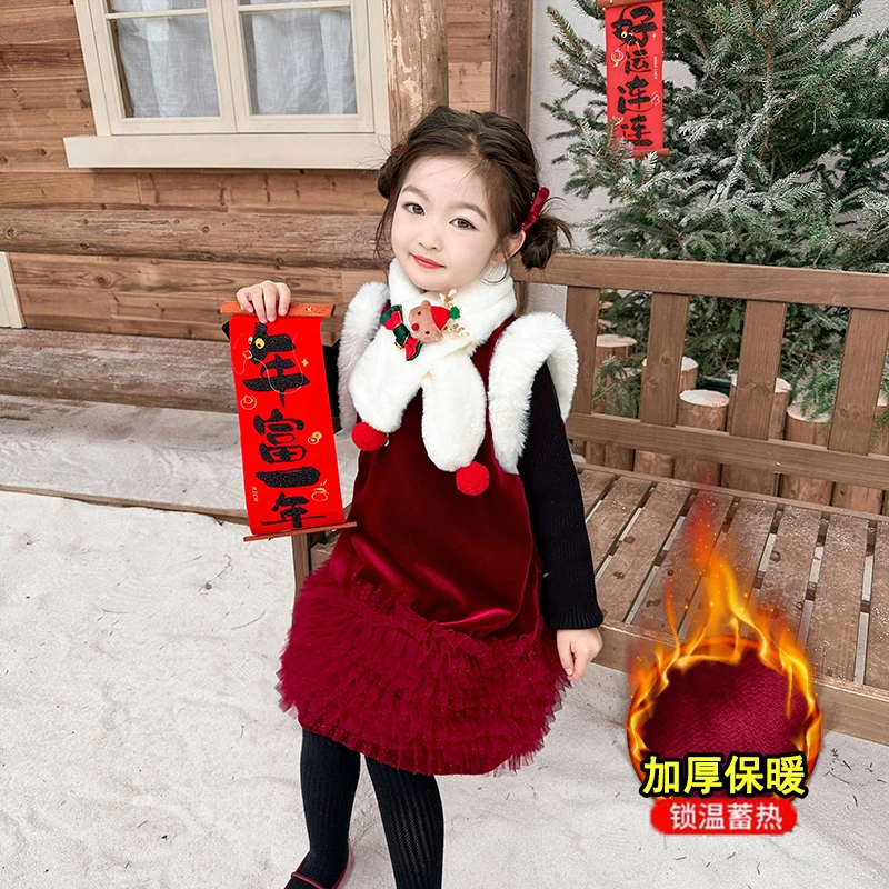 女童连衣裙冬装加绒国风拜年服2025儿童新款宝宝冬季旗袍裙两件套