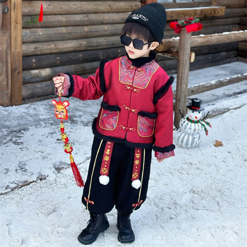 儿童拜年服新款冬季加厚过年衣服男宝周岁礼服国风唐装男童过年服