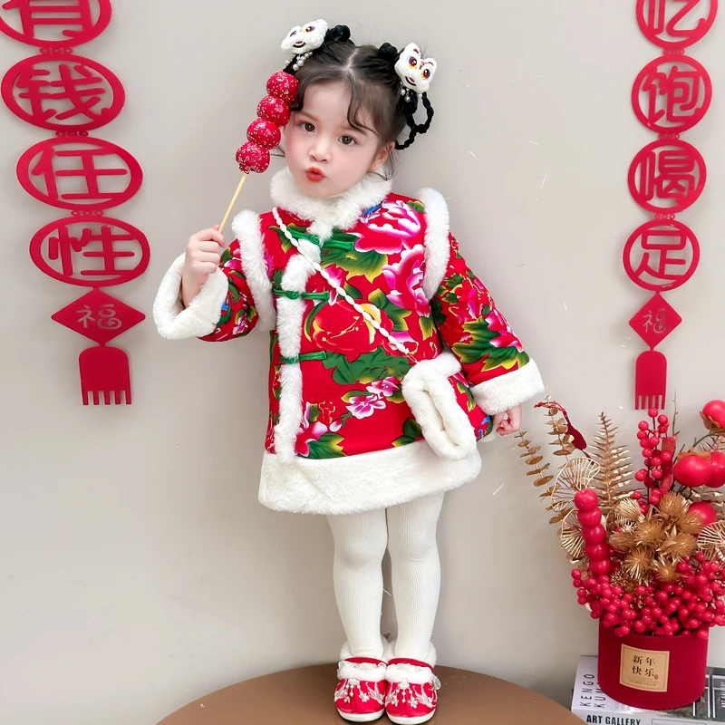拜年服女童旗袍裙冬款东北大花袄儿童汉服过年喜庆衣服宝宝演出服