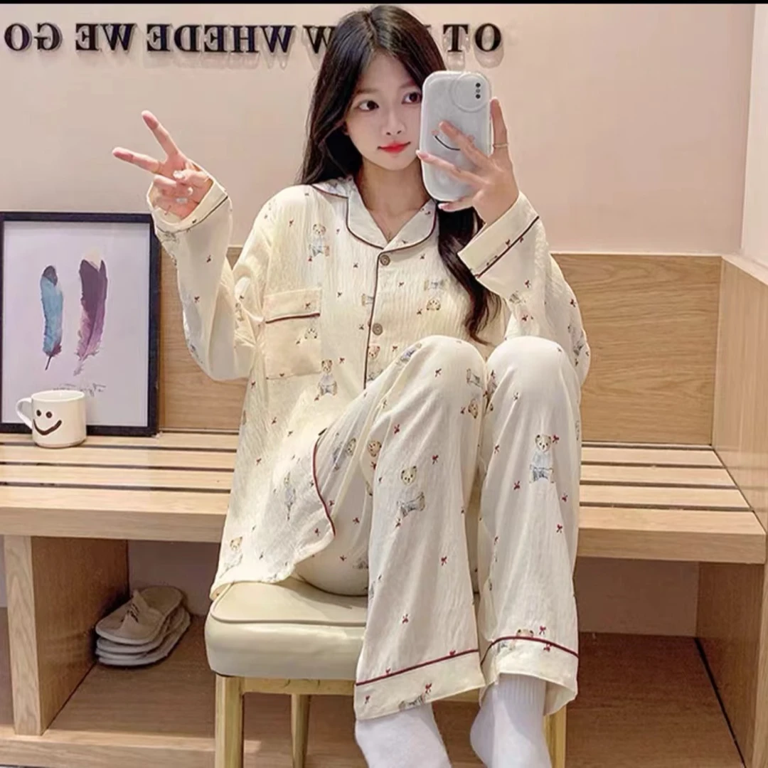 [晚安小熊]新款带杯垫长袖长裤两件套睡衣透气宽松家居服套装1153