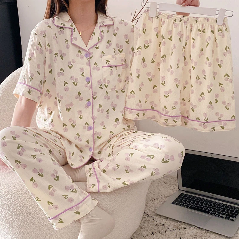[紫色郁金香]春夏新款睡衣短袖三件套舒适女士家居服套装953