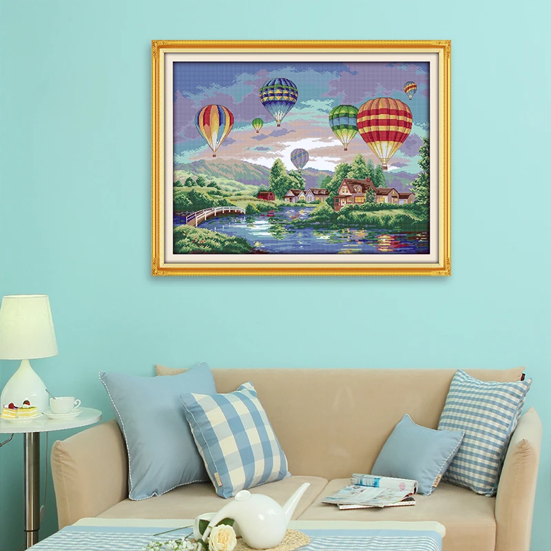 NKF NEEDLE KUNG FU十字绣鲜艳的热气球风景书房装饰挂画自绣套件