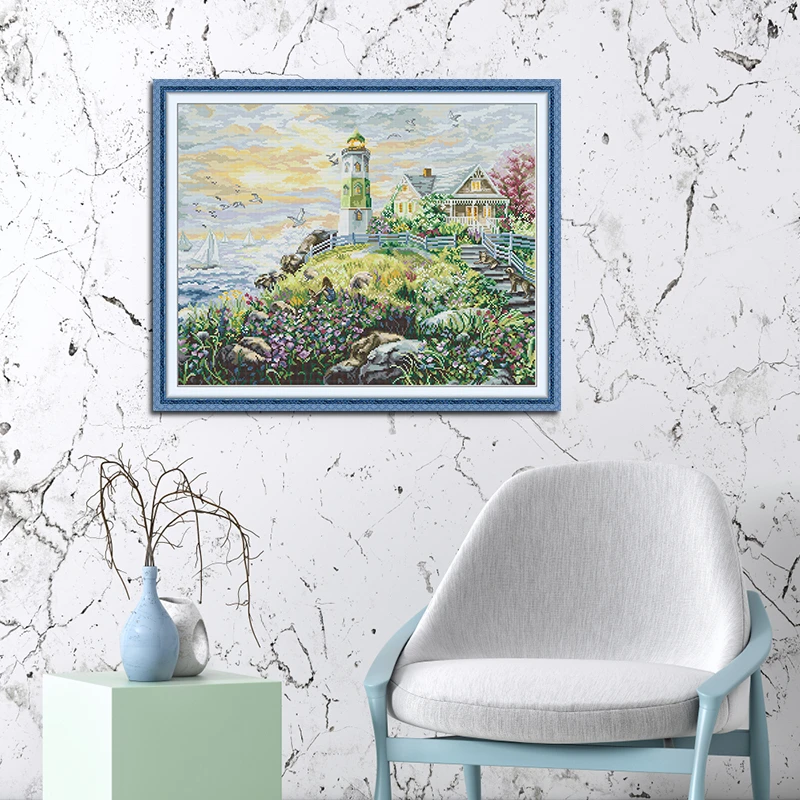 NKF十字绣线绣海边灯塔海岸图卧室装饰挂画套件手工礼物自绣潮品