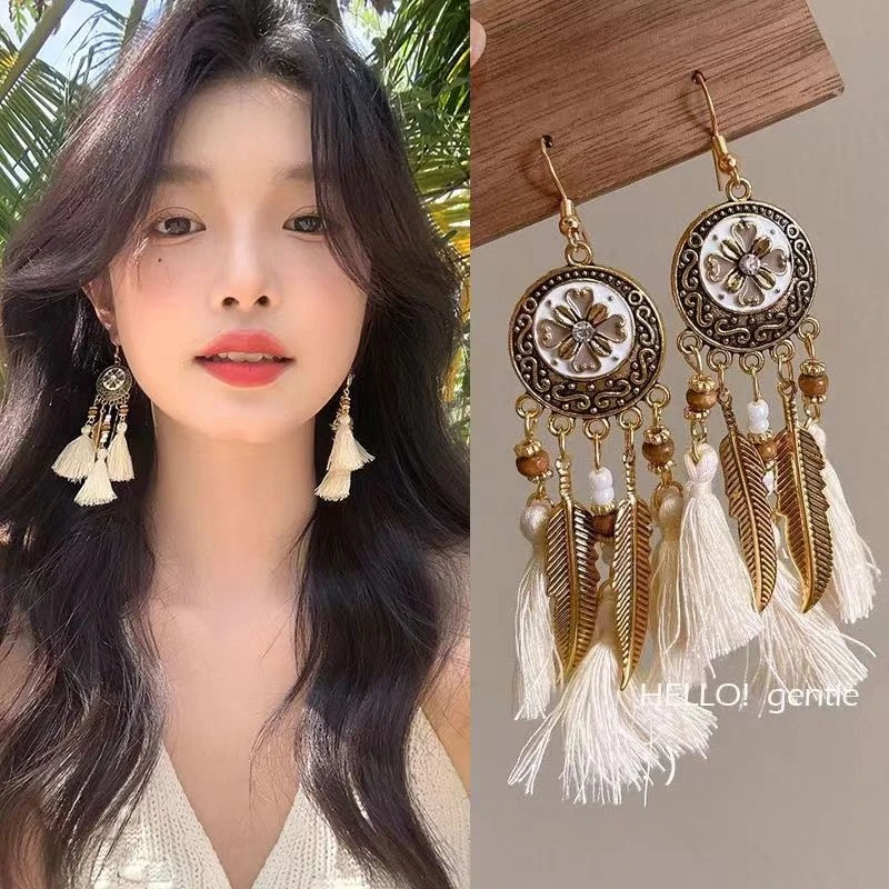波西米亚风度假旅拍配饰网红同款流苏叶子长款耳环民族风特色耳饰