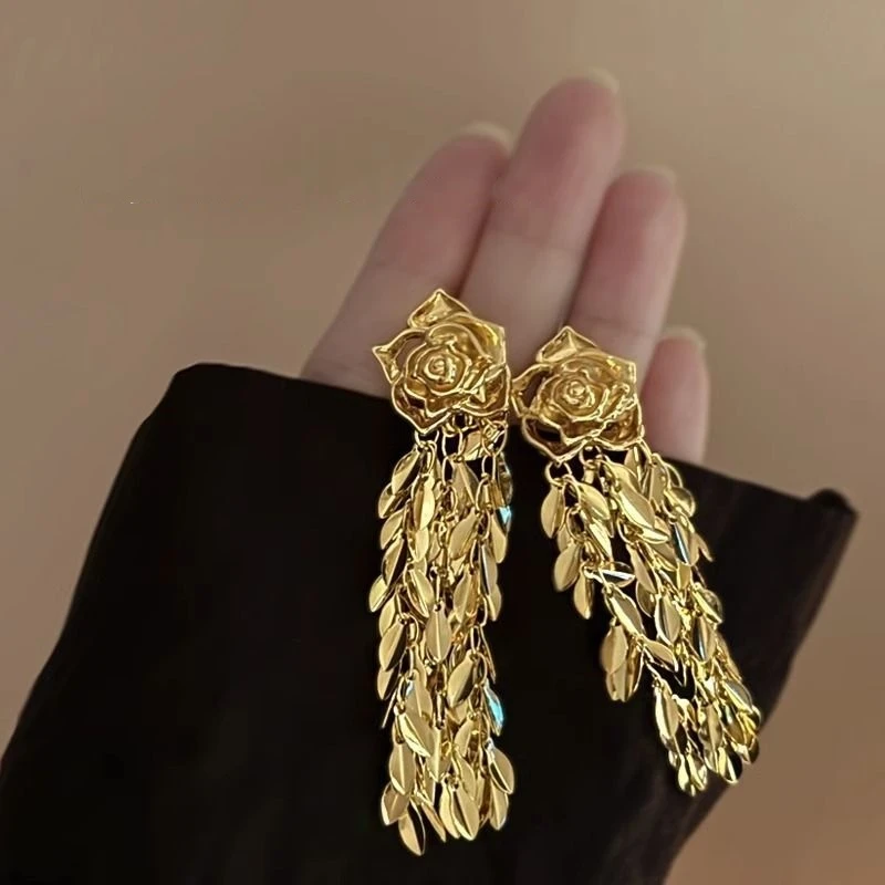 轻奢法式复古金属玫瑰流苏耳环高级感小众气质耳钉耳饰