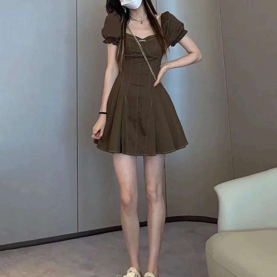 【婷婷专属】法式复古泡泡袖修身显瘦百褶连衣裙XY10061