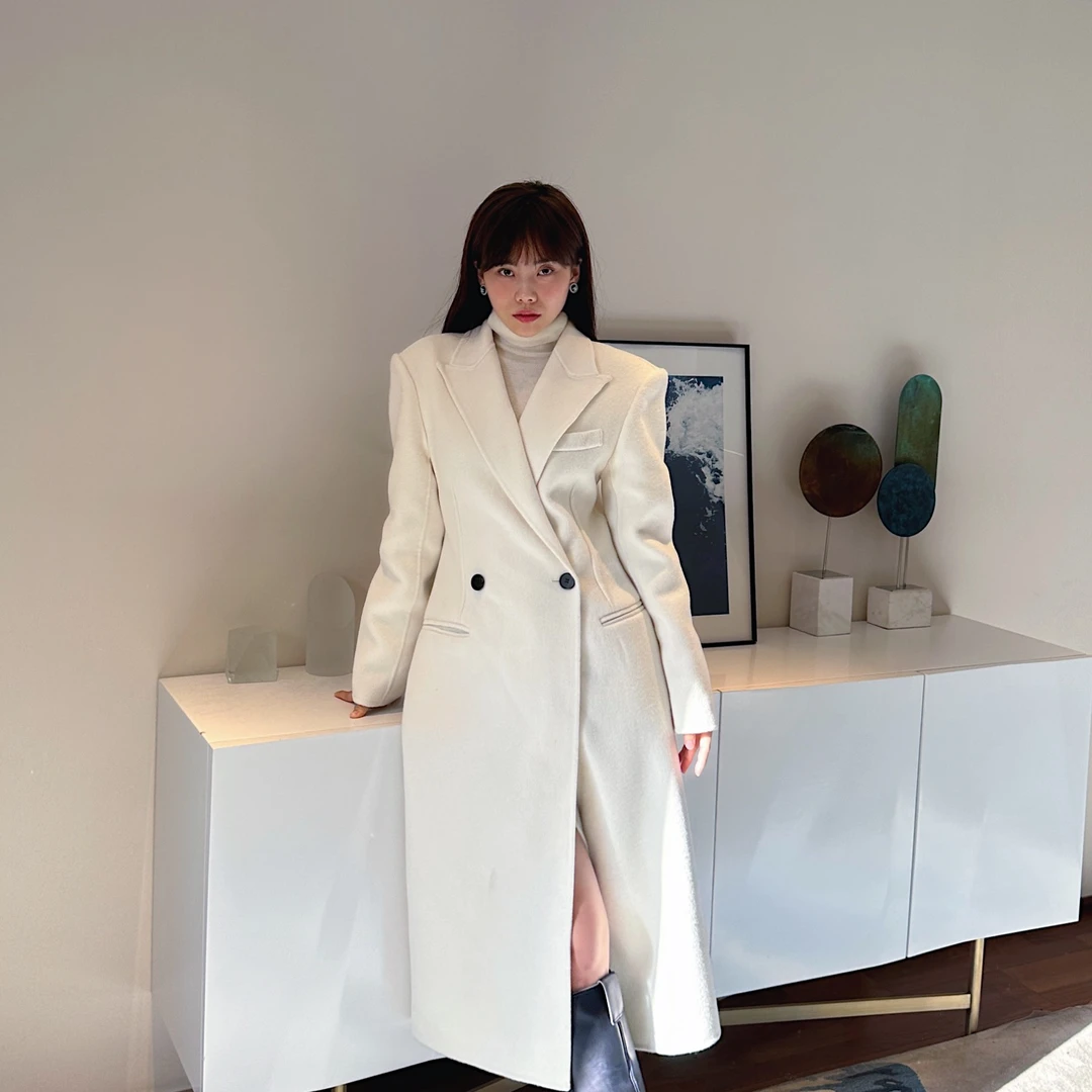 JINGDL【相处】～100%羊毛秋冬中长款收腰米白色双面呢大衣2