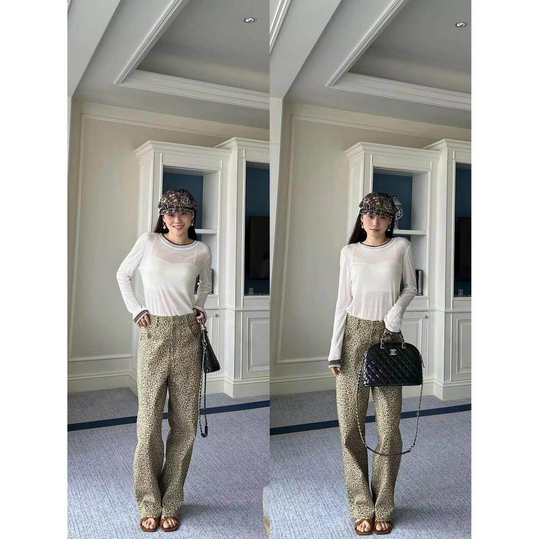 no退no换【海豚湾】～炸街美式复古宽松vintage黄色直筒豹纹牛仔裤