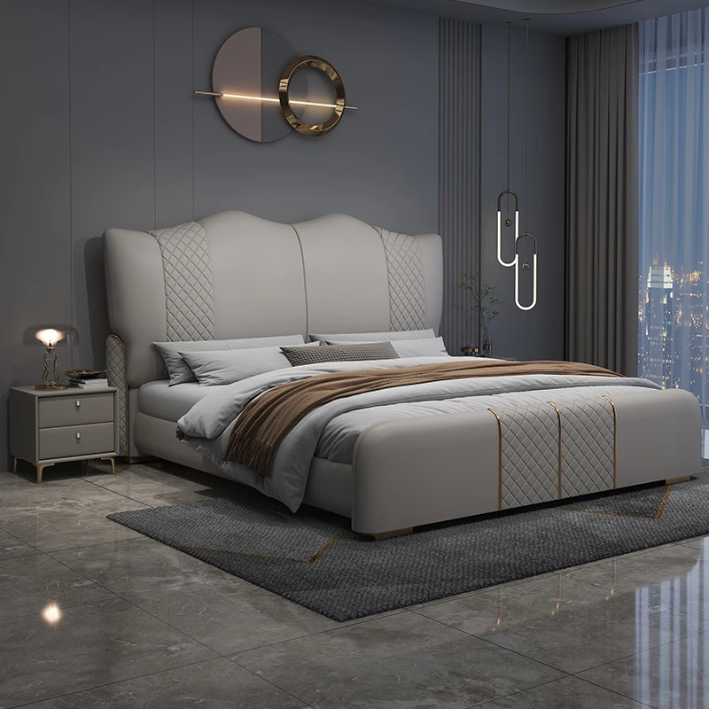 豪华高端轻奢床真皮床轻奢简约1.8米双人床主卧软包婚床现代卧室